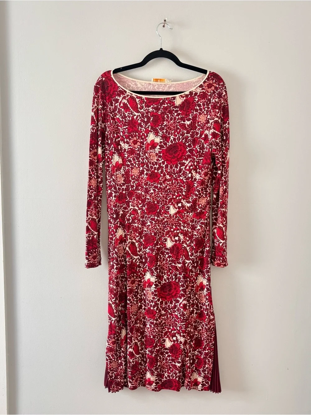 Tory Burch Ria Floral Print Midi Dress Boat Neck Long Sleeve Sheath Red